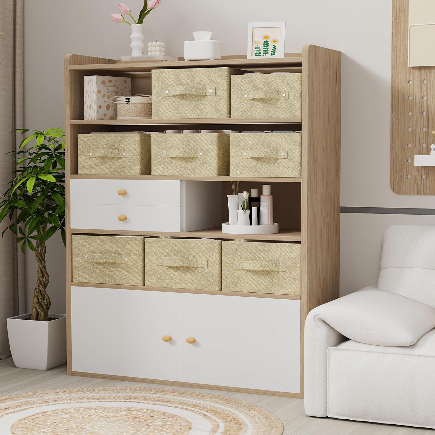 Detalle 2 de ENUMAIL EN103BEGS-3 stoffen opbergmanden met handgrepen, grijs/beige, 3 stuks