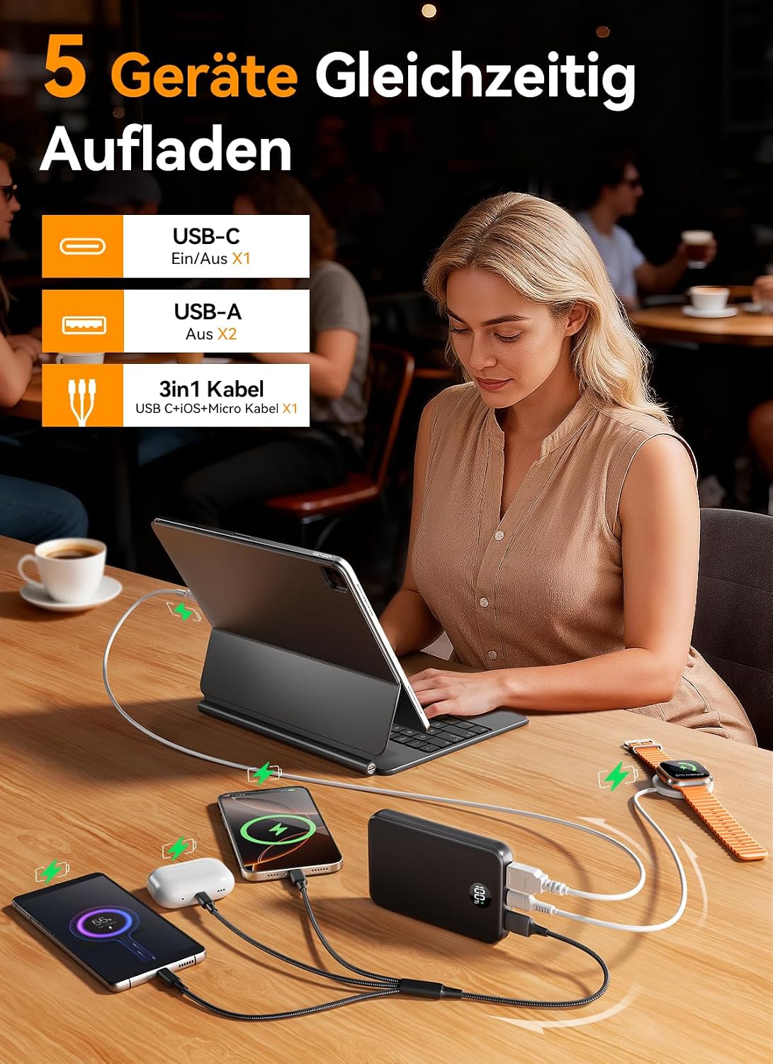 Thumbnail 4 de Power Bank 27000mAh – Ultra kompakt, Schnellladen USB‑C, 3‑in‑1 Kabel und LED Display