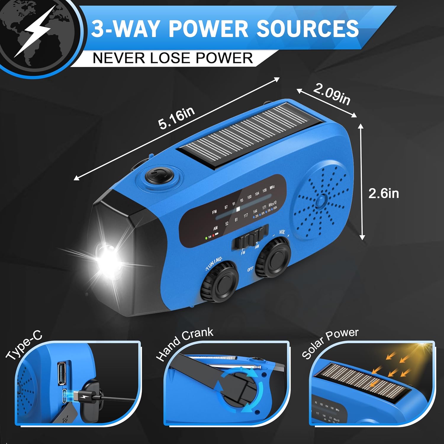 Thumbnail 6 de Wind Up Radio UK 2000mAh Hand Crank Radio with AM/FM, SOS Alarm, and LED Light (Blue)