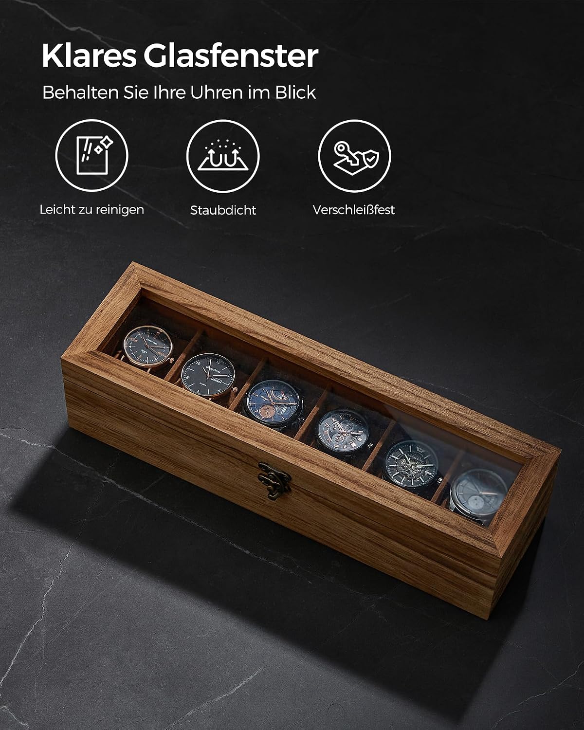 Detalle de SONGMICS Uhrenbox JOW006K01 – Massivholz Uhrenkasten mit Glasdeckel, 6 Fächer, Walnuss