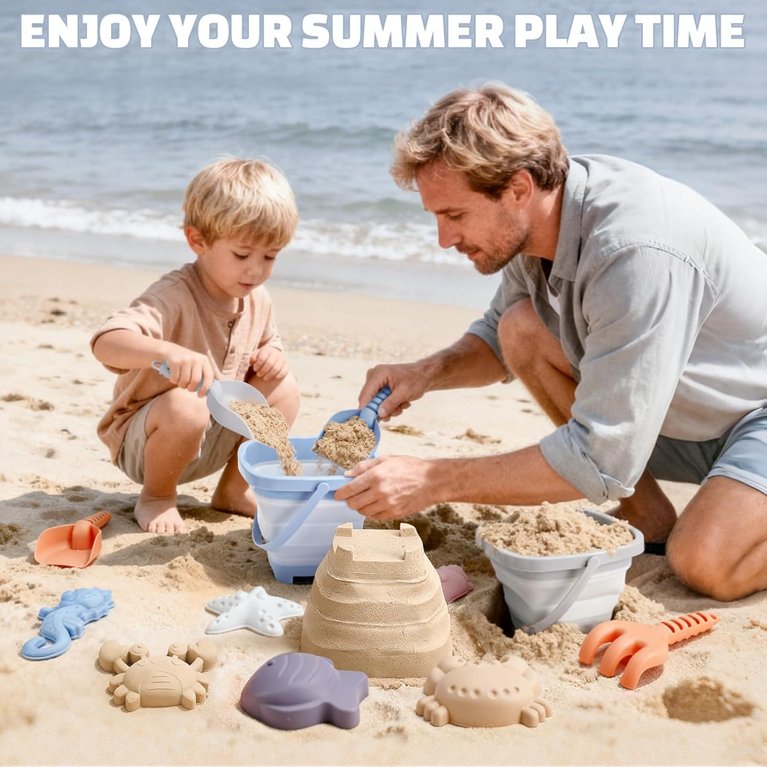 Detalle de Dreamon Beach Sand Toys for Kids 18pcs – Collapsible Bucket & Shovels with Animal Moulds
