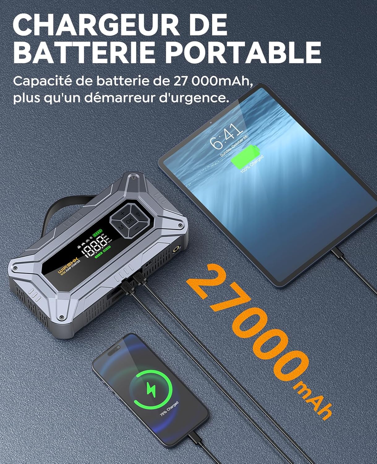 Thumbnail 4 de WIRSHK Booster Batterie Voiture 8000A avec Gonfleur Pneus 160 PSI – Démarreur + Compresseur et Power Bank