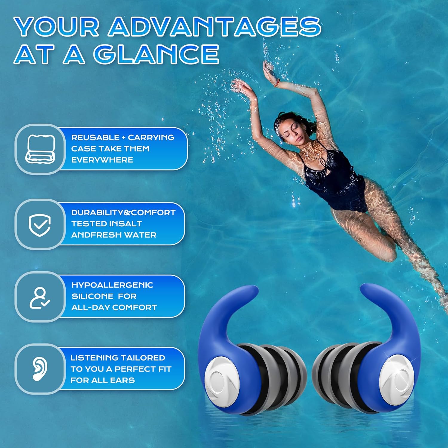 Thumbnail 2 de ANANJY Waterproof Swimming Ear Plugs for Kids (Reusable Soft Silicone) – 3 Pairs, for Ages 4–12