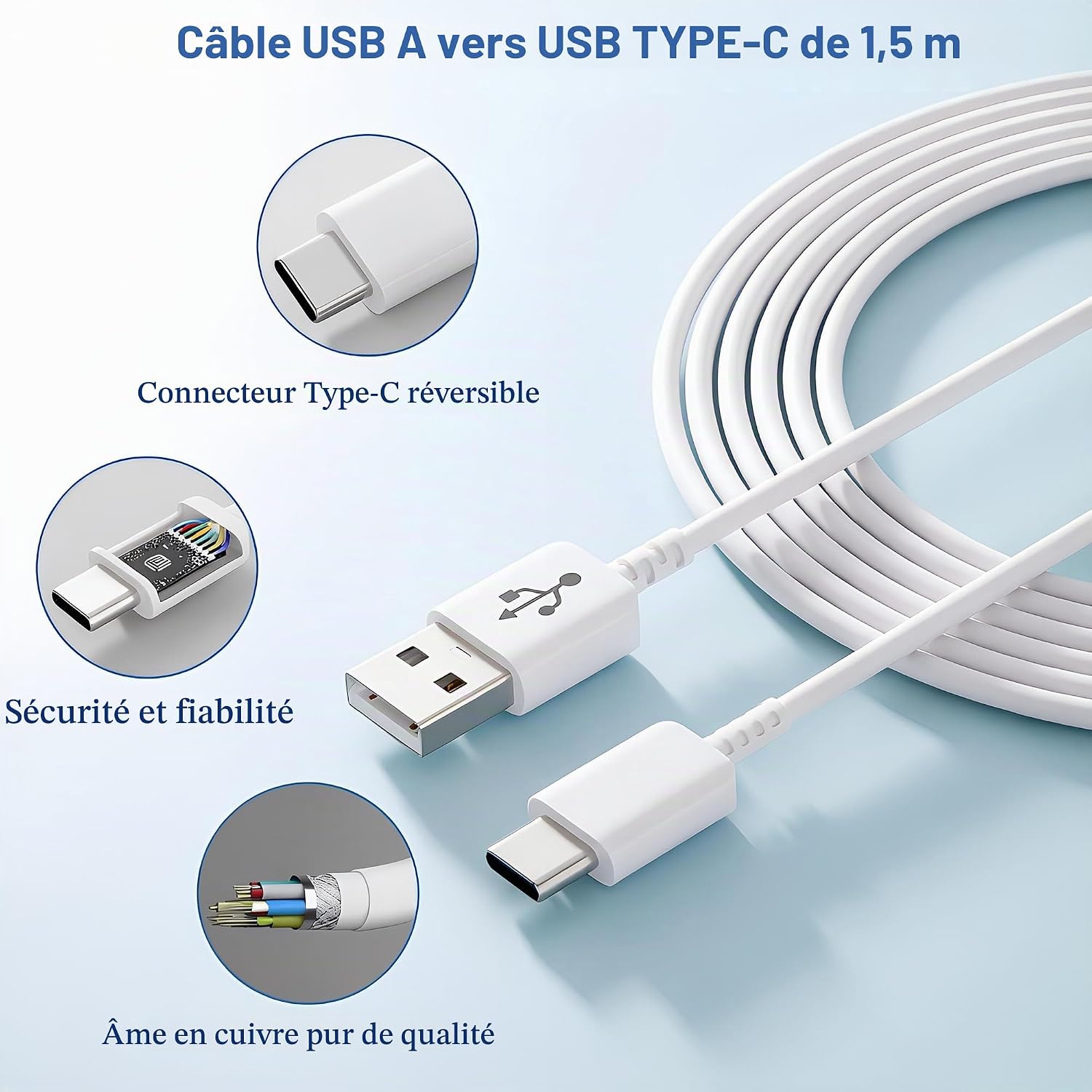 Thumbnail 1 de PUQAKE USB-C-snellader 15 W met USB-A-naar-USB-C-kabel van 1,5 m