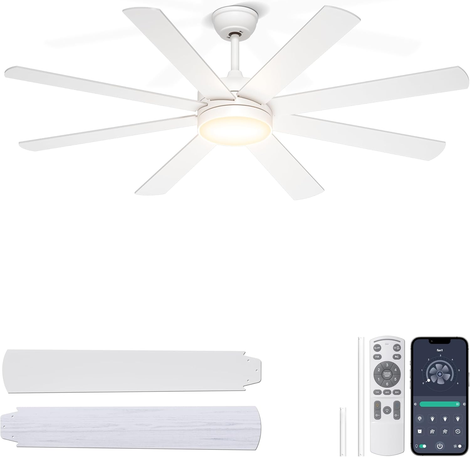 Detalle de Ohniyou Ventilatore da Soffitto 152 cm con Luce: silenzioso, reversibile e controllabile via telecomando/app