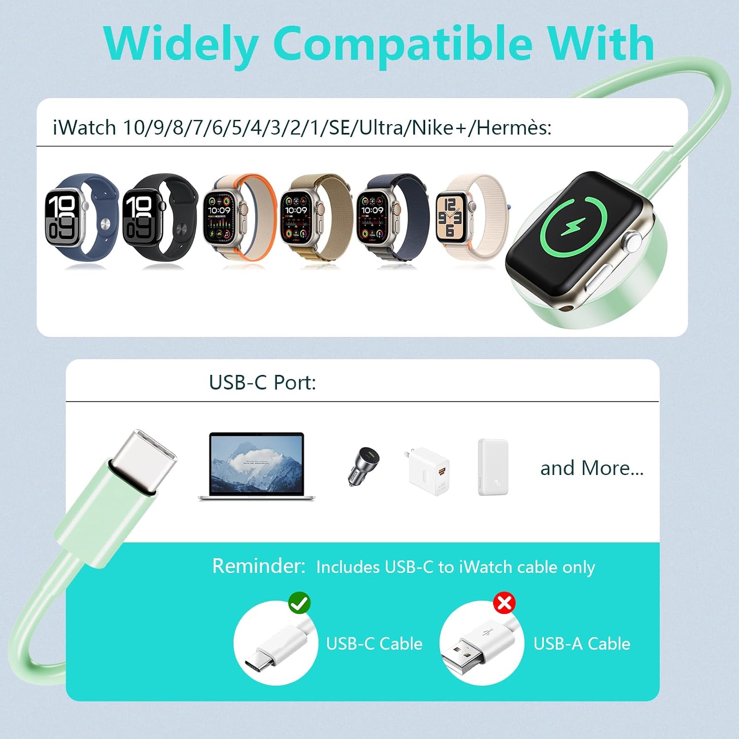 Detalle de Upgraded 2 Pack USB-C Magnetic Apple Watch Charger Cable (MFi Certified) – 1m, Green
