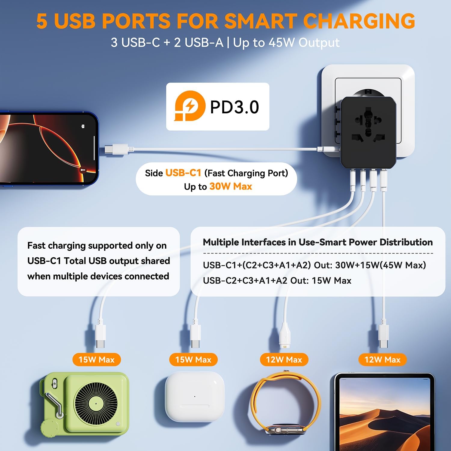 Detalle 2 de Auxmir Universal Travel Adapter: 8-in-1 Power Hub for Global Travel