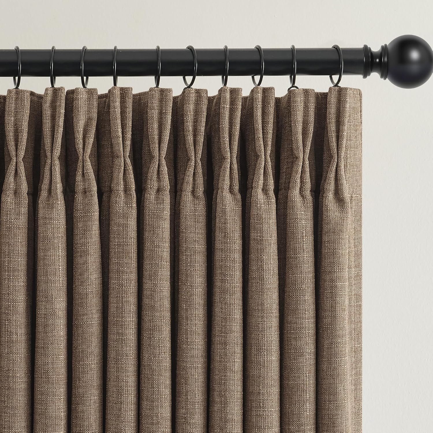 Detalle de Dark Flax Pinch Pleated 100% Blackout Linen Curtains – 50x84 Inches, Double Layer