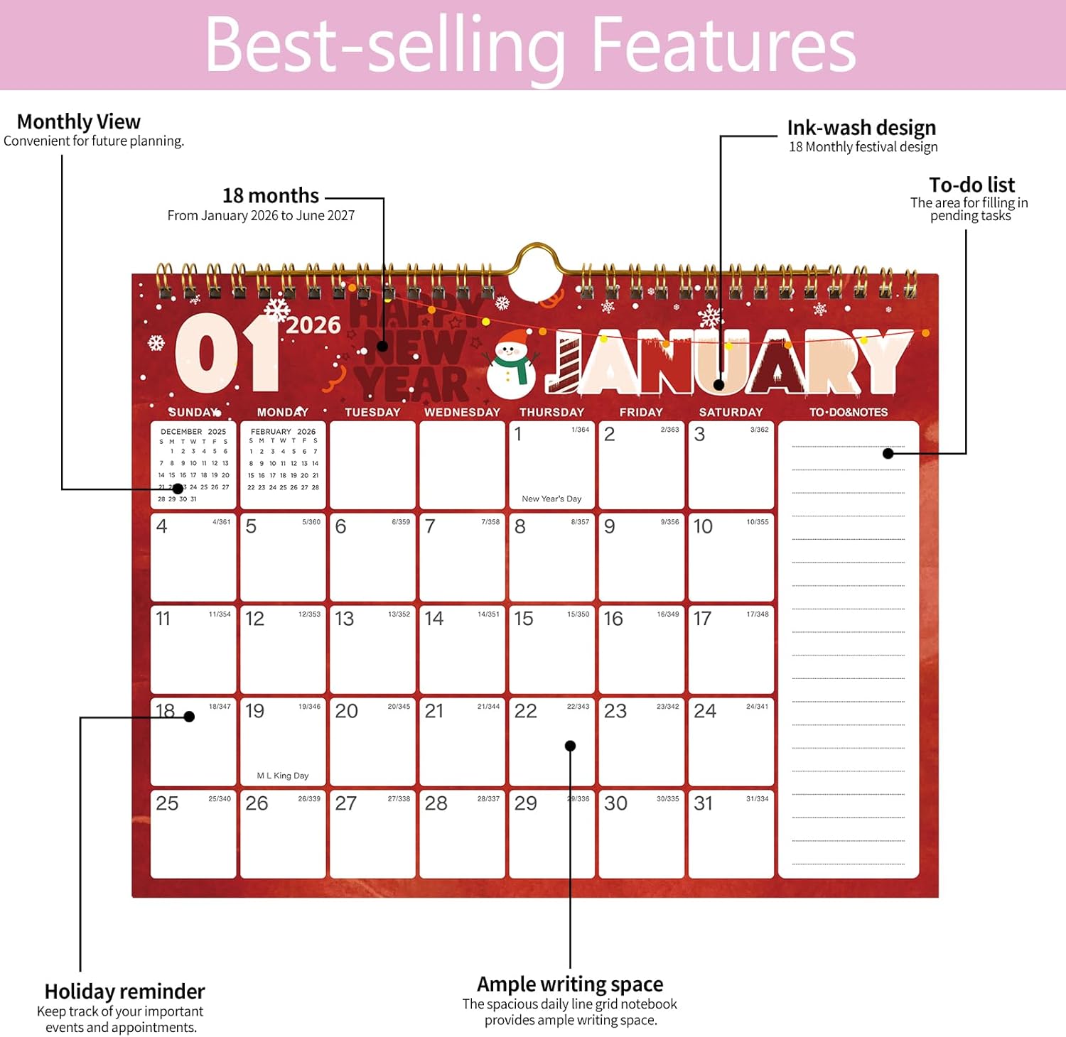 Thumbnail 5 de 2026-2027 Wall Calendar 18-Month Large Ruled Blocks 📅