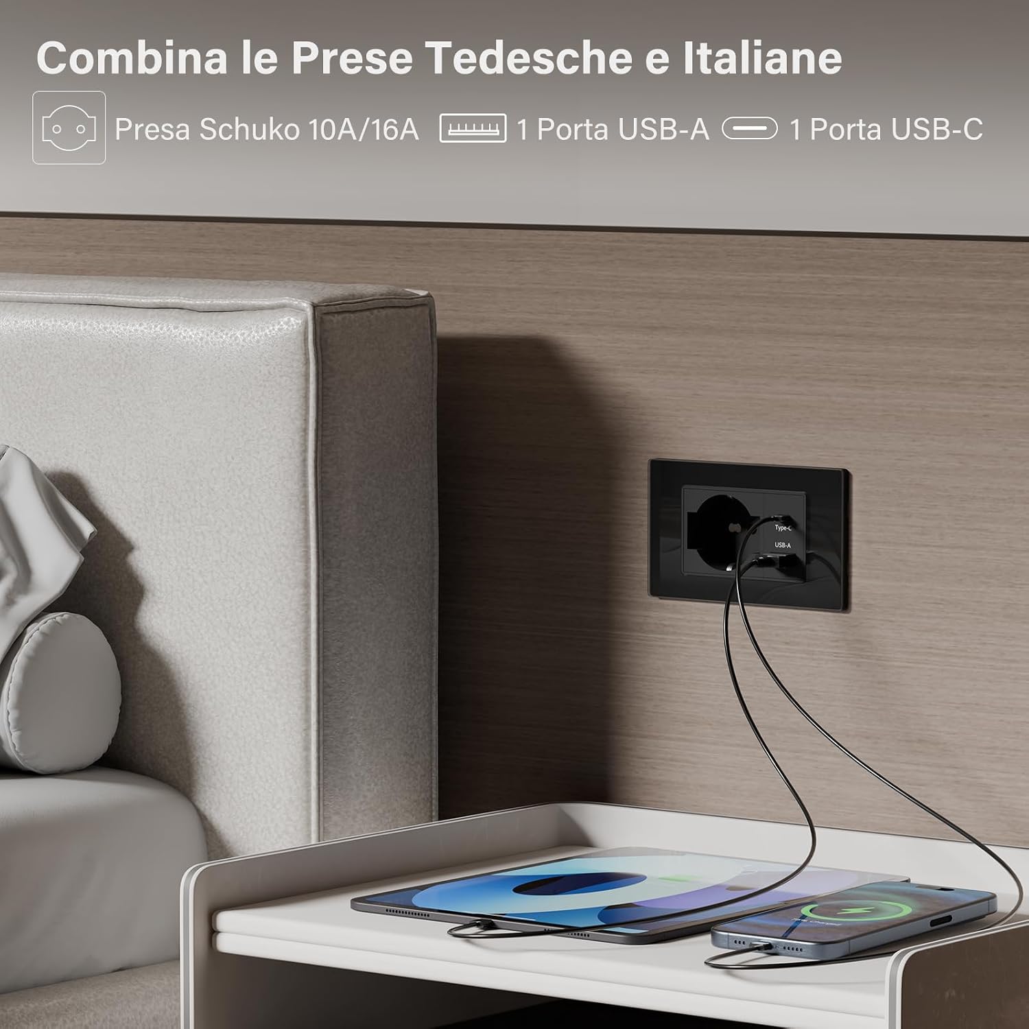 Thumbnail 2 de BSEED Presa Schuko/Italiana con USB-A e USB-C – 118 mm, nero, 16A/10A