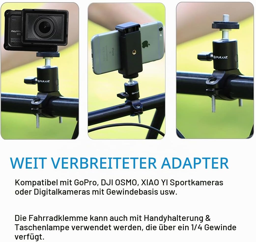 Detalle 2 de PULUZ Fahrrad-Lenkerhalterung für GoPro Hero 12/11/10/9/8/7/6 – Aluminium, 20–35 mm Durchmesser, 1/4-Zoll Gewinde