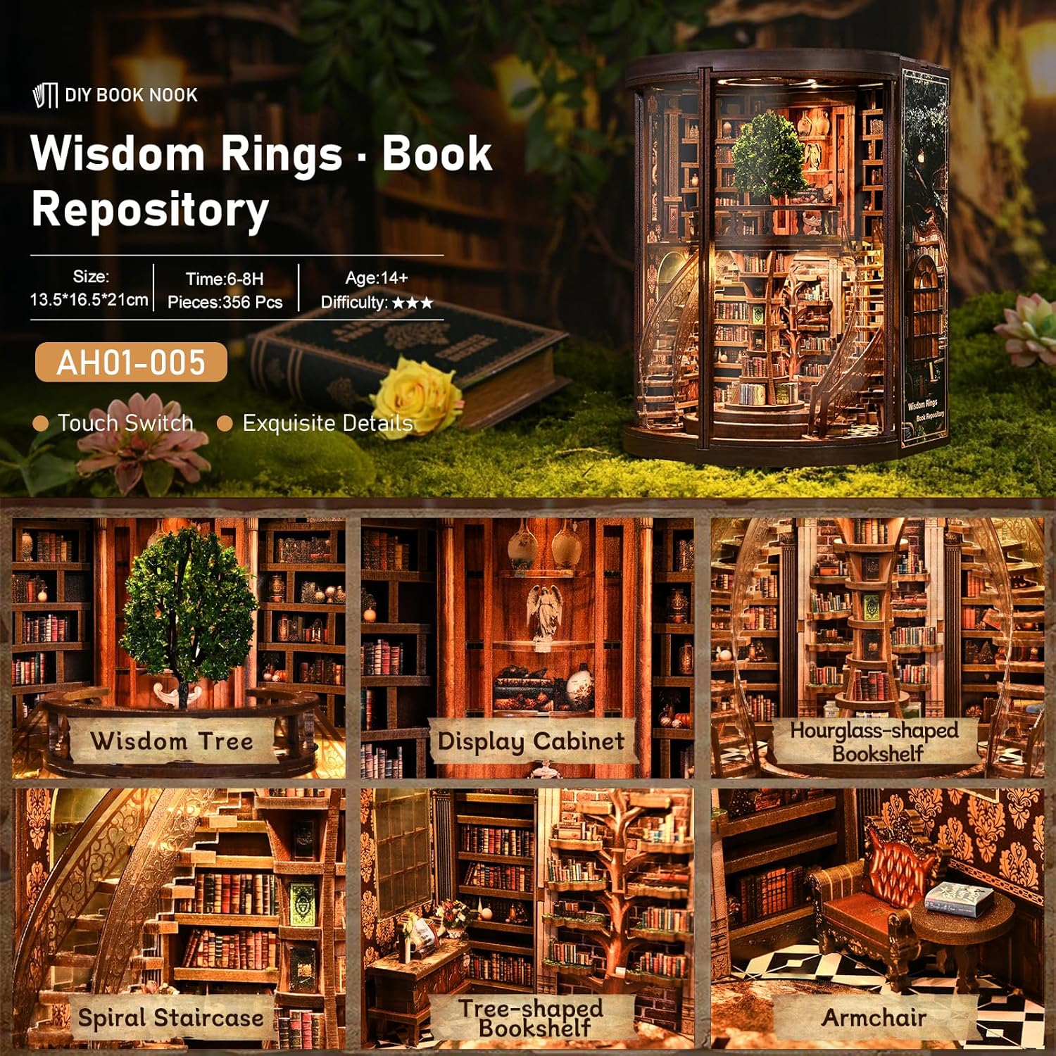 Detalle de BATTREVO Book Nook Kit – Weisheitsringe Bucharchiv aus Holz mit LED-Beleuchtung
