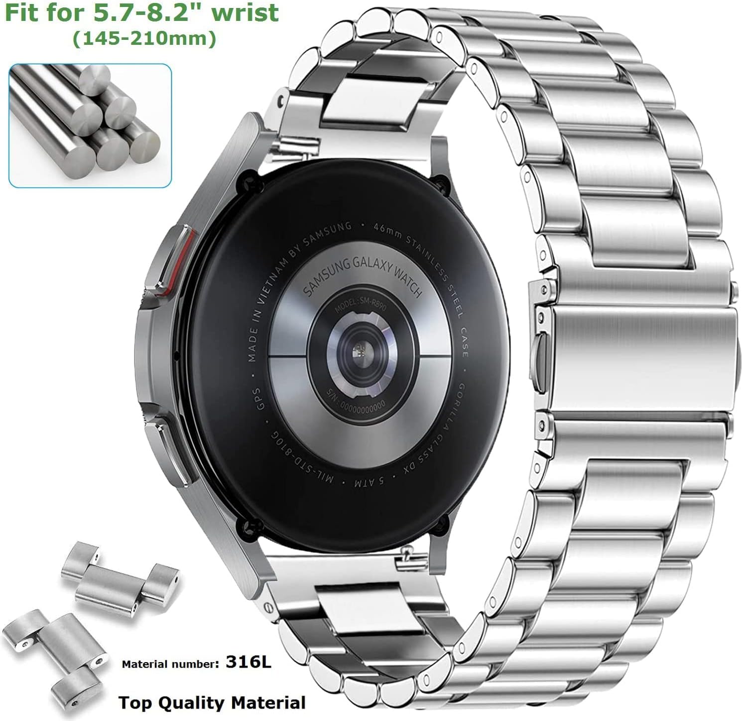 Detalle de Metal Strap for Garmin and More: 22mm Stainless Steel Bands (Vivoactive 4, Venu, Forerunner, Ticwatch, Fossil) – Silver
