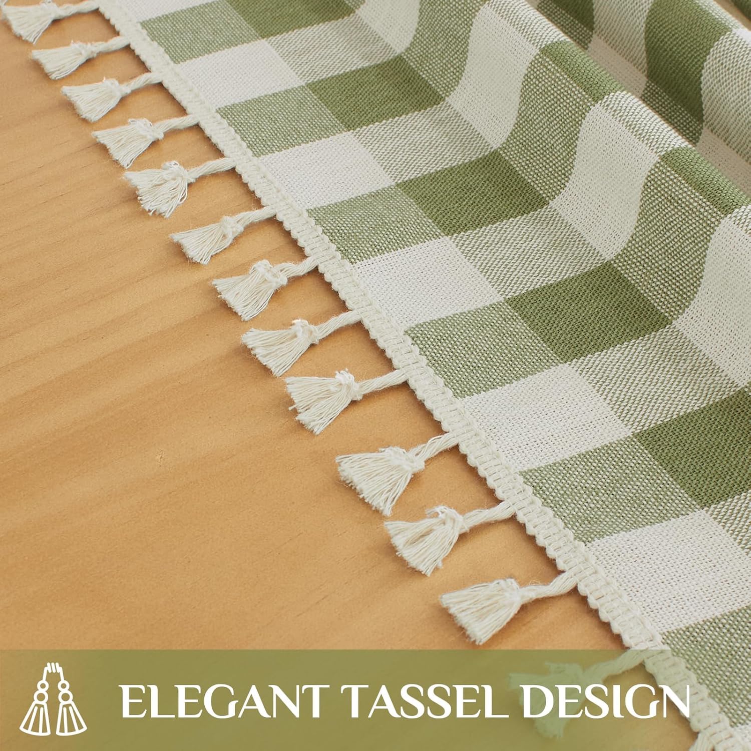 Thumbnail 4 de Softalker Outdoor Checkered Tablecloth with Tassels – 55 x 84 Inch Linen-Cotton Gingham (Sage) for 6-Foot Rectangular Tables