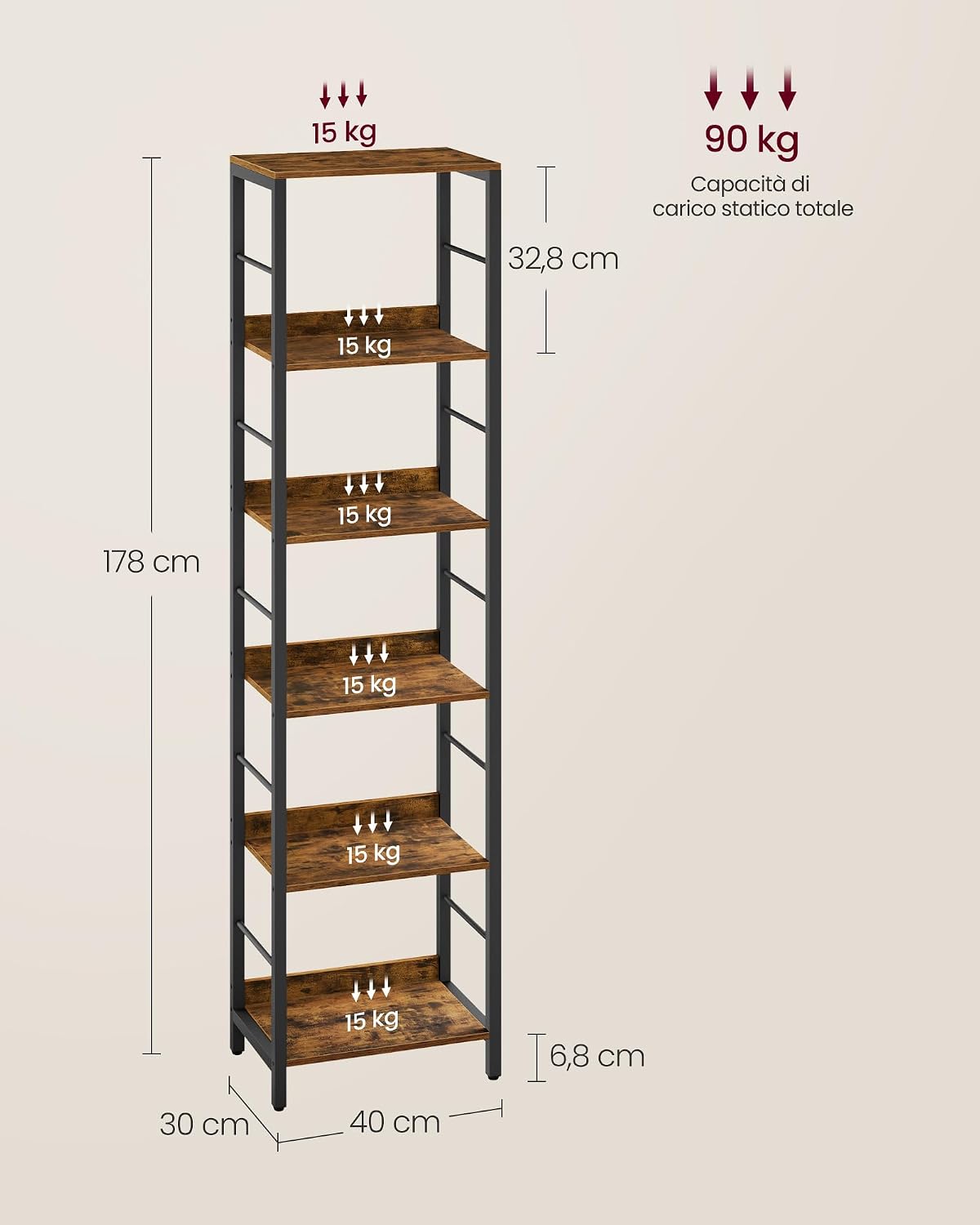 Detalle de VASAGLE LLS168KD01 libreria 6 ripiani 178 cm