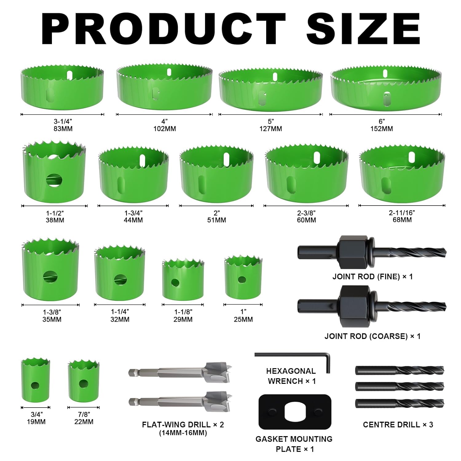 Detalle de Hole Saw Set, 24-Piece 19–152mm with Arbor and Tools for Soft Wood, Plasterboard & Plastic