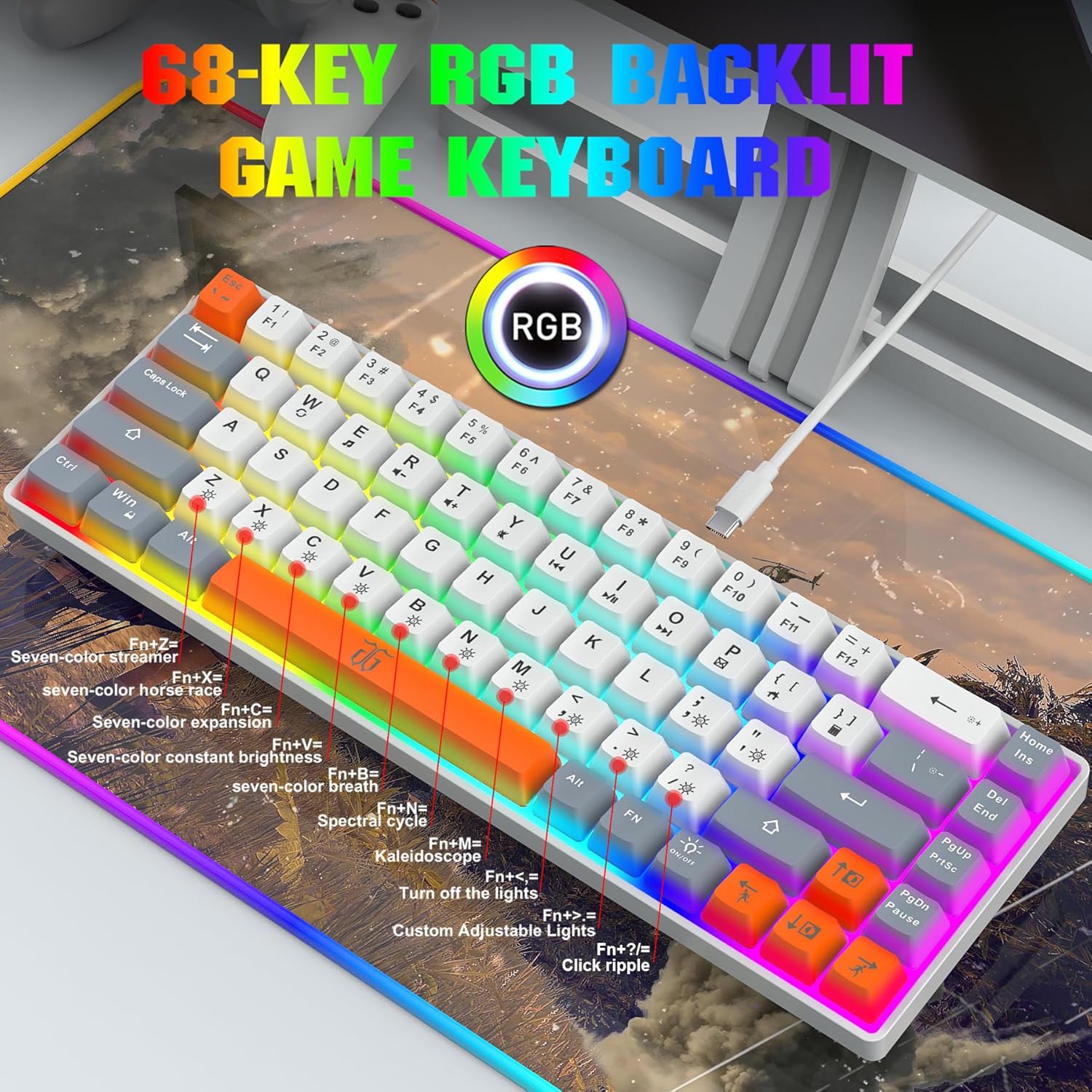 Thumbnail 5 de Snpurdiri 60%-Gaming-Tastatur (68) im kompakten Layout ohne Ziffernblock – Weiß/Grau/Orange