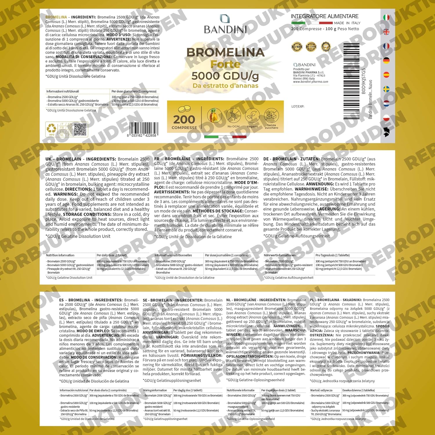 Detalle de BANDINI Bromelain 5000 GDU/g, magsaftresistenta tabletter, 200 st