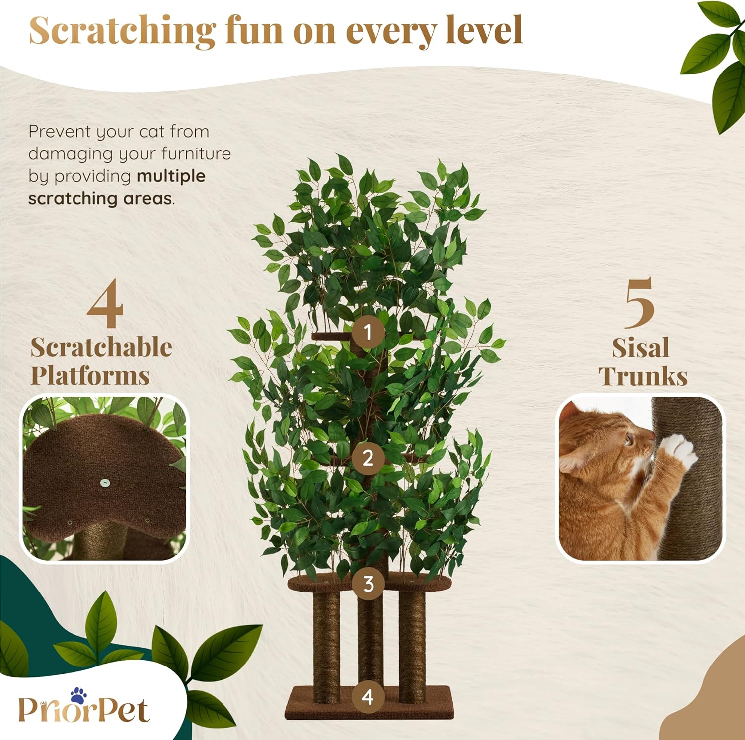 Thumbnail 3 de PRIORPET Cat Tree with Leaves – Sturdy, Space-Saving and Scratch-Ready
