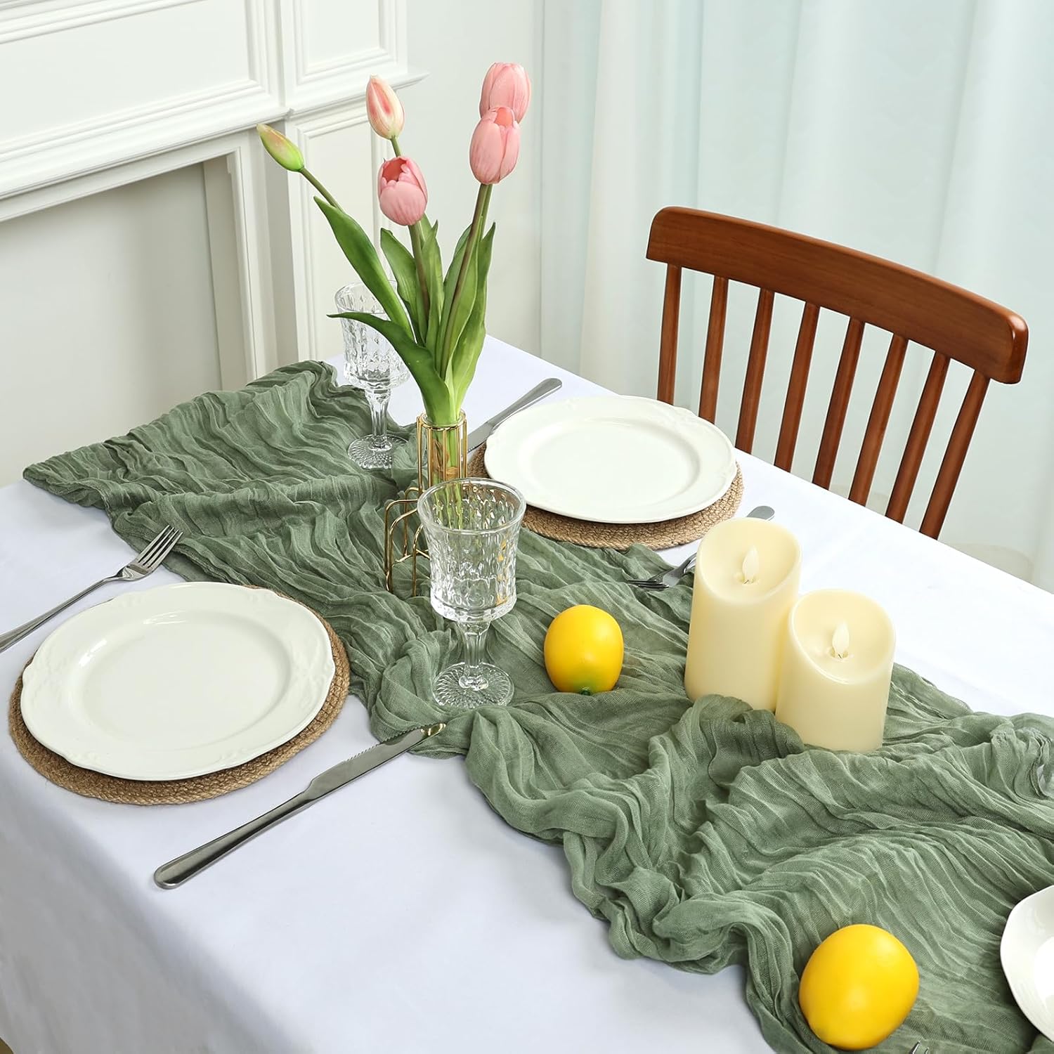 Detalle de pepmily 8 Pack Sage Green Cheesecloth Table Runner (23 x 120 Inch) – Rustic Boho Decor for Weddings, Parties, and Home Use