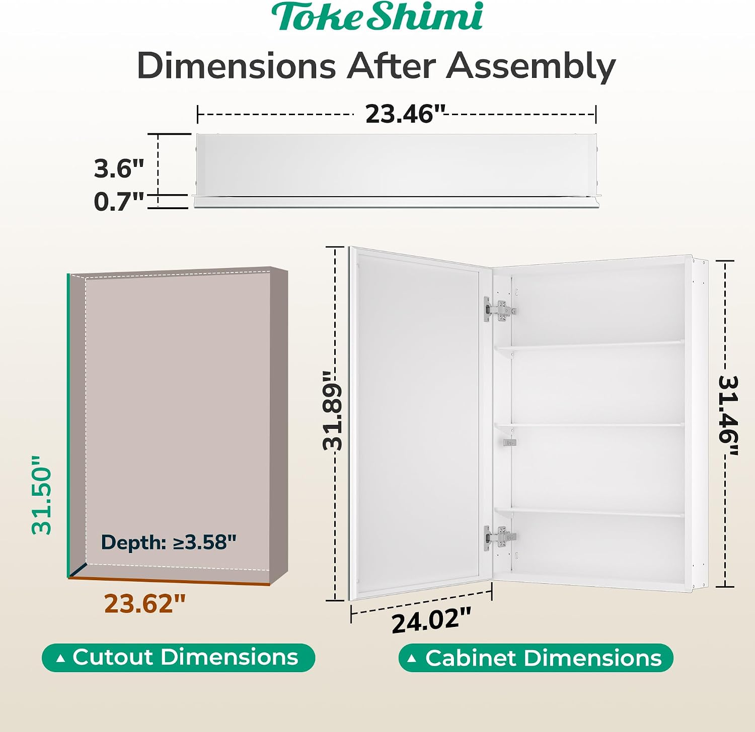 Detalle de TokeShimi 24 x 32 Mirrored Medicine Cabinet with Beveled Mirror, Aluminum Frame, and Dual Mount Options