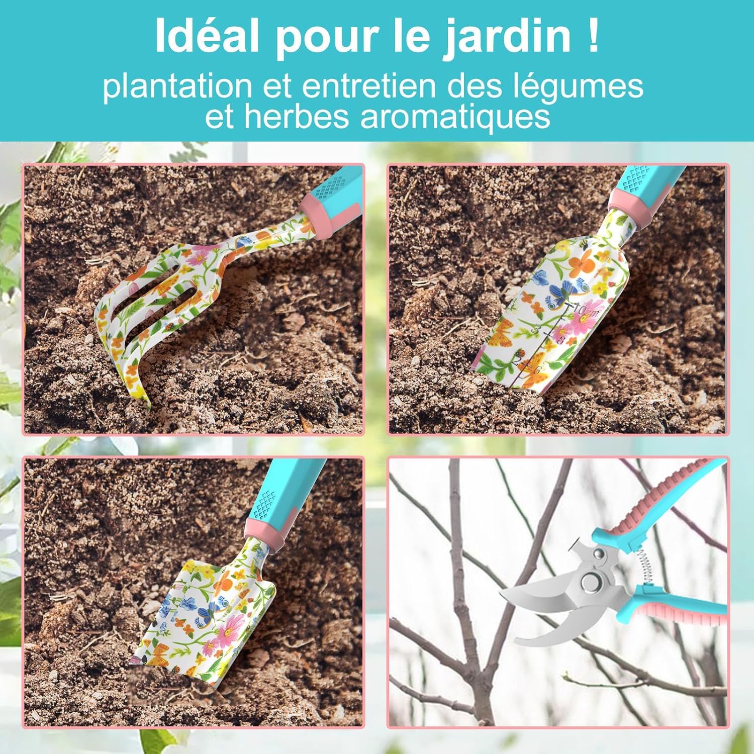Thumbnail 2 de Kit de 6 outils de jardinage en aluminium : pelle, râteau, sécateur et sac de rangement