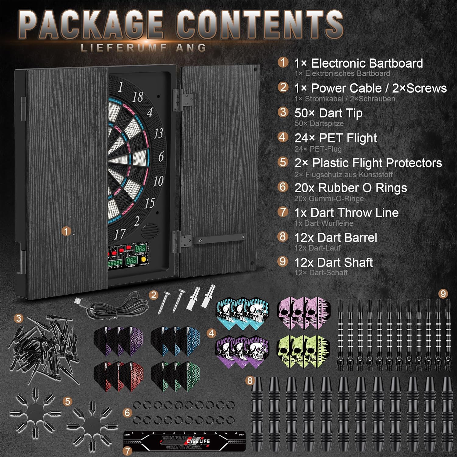 Thumbnail 6 de CyeeLife Elektronische Dartscheibe mit Holzschrank, LED-Display, 34 Spielen & 355 Varianten (Deutsche Stimme)