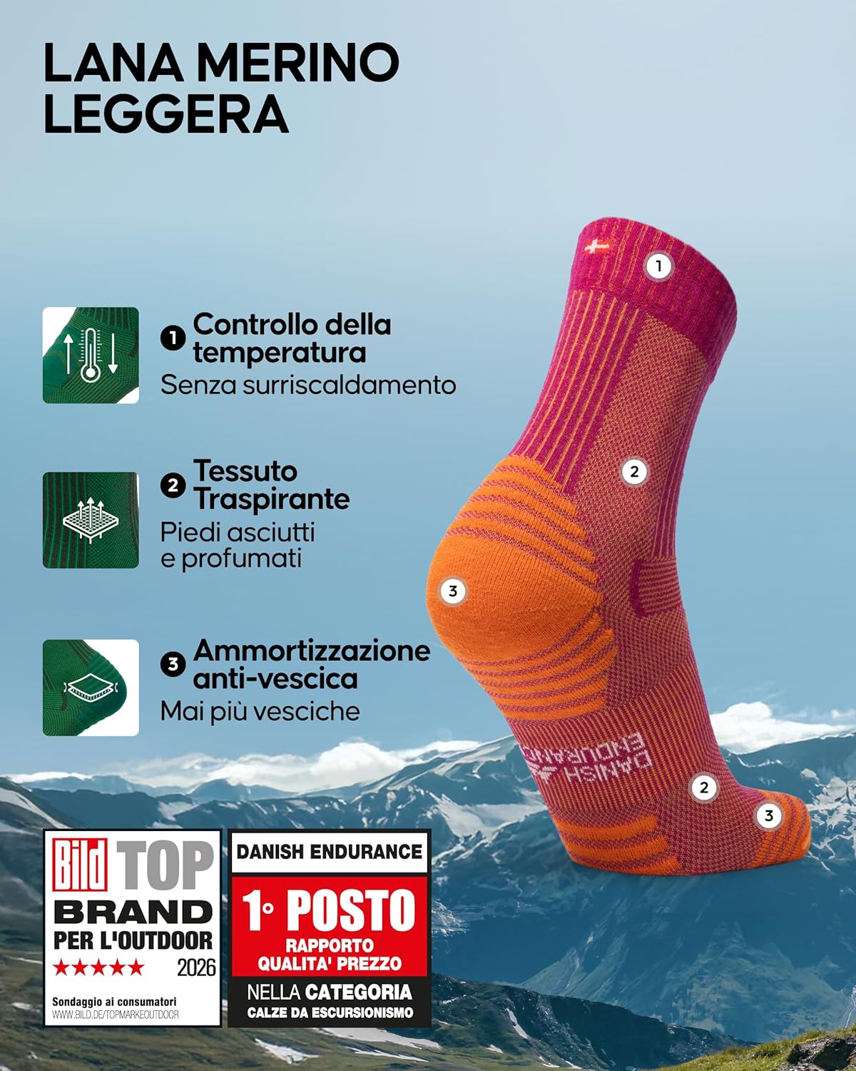 Thumbnail 1 de DANISH ENDURANCE Calze Trekking Leggere in Lana Merino – anti-vesciche, traspiranti, disponibili in 1 o 5 Paia