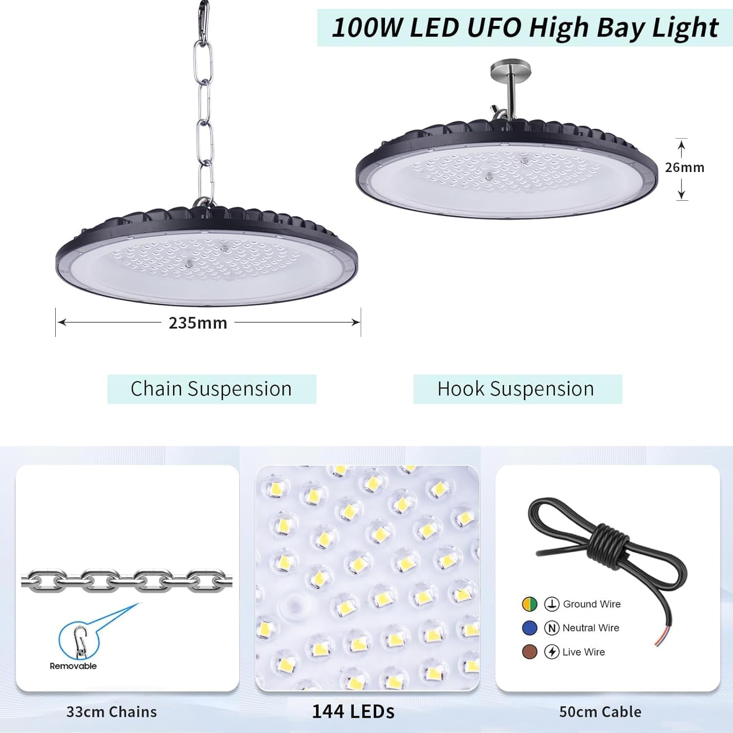 Thumbnail 4 de JBdusn BJ-UFO 100W UFO LED High Bay Light, 10,000 Lumens, IP65