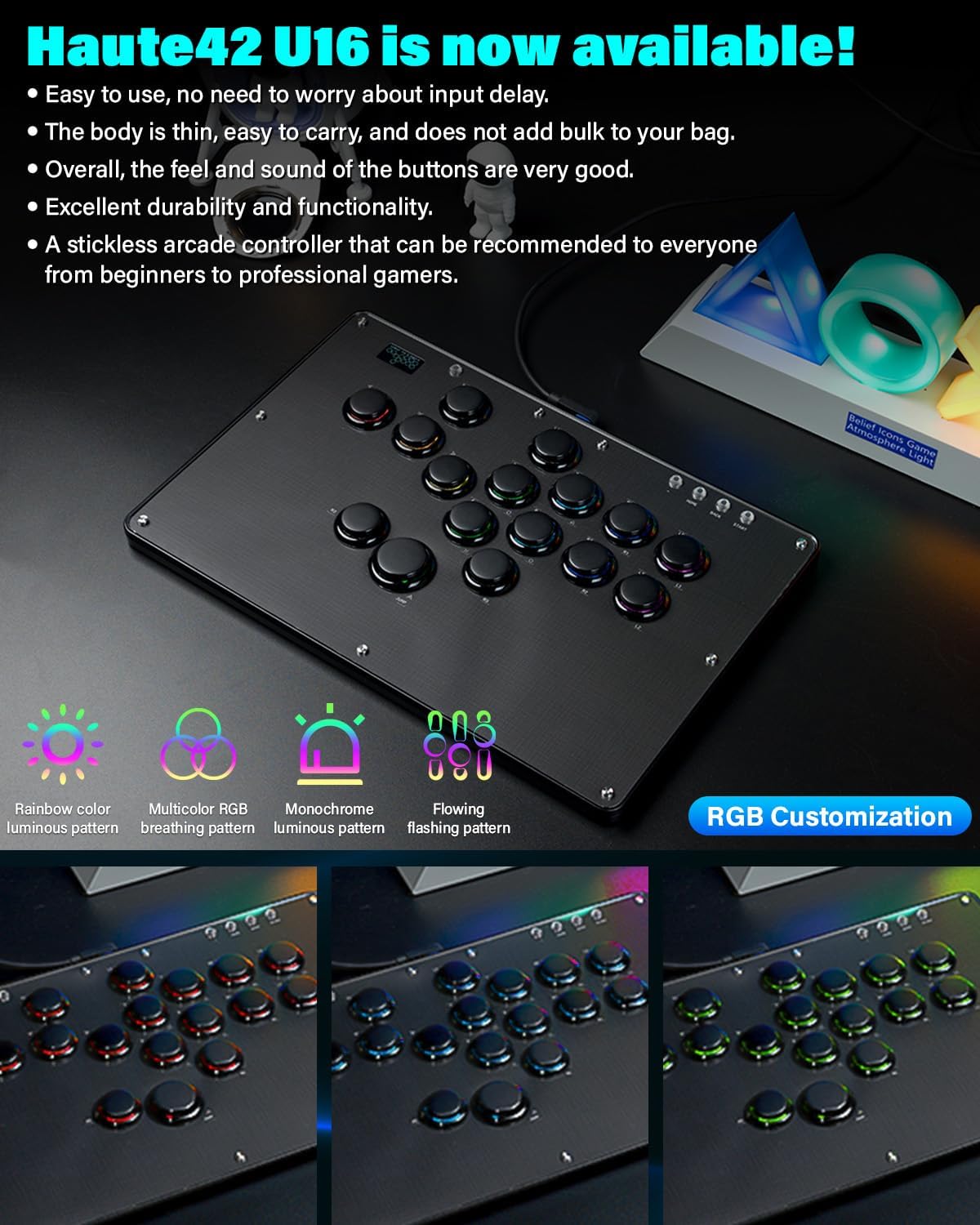 Detalle de Sehawei Arcade Stick U16 all-button fight stick with custom RGB, turbo & hot-swap for PC, PS3/PS4, Switch and more
