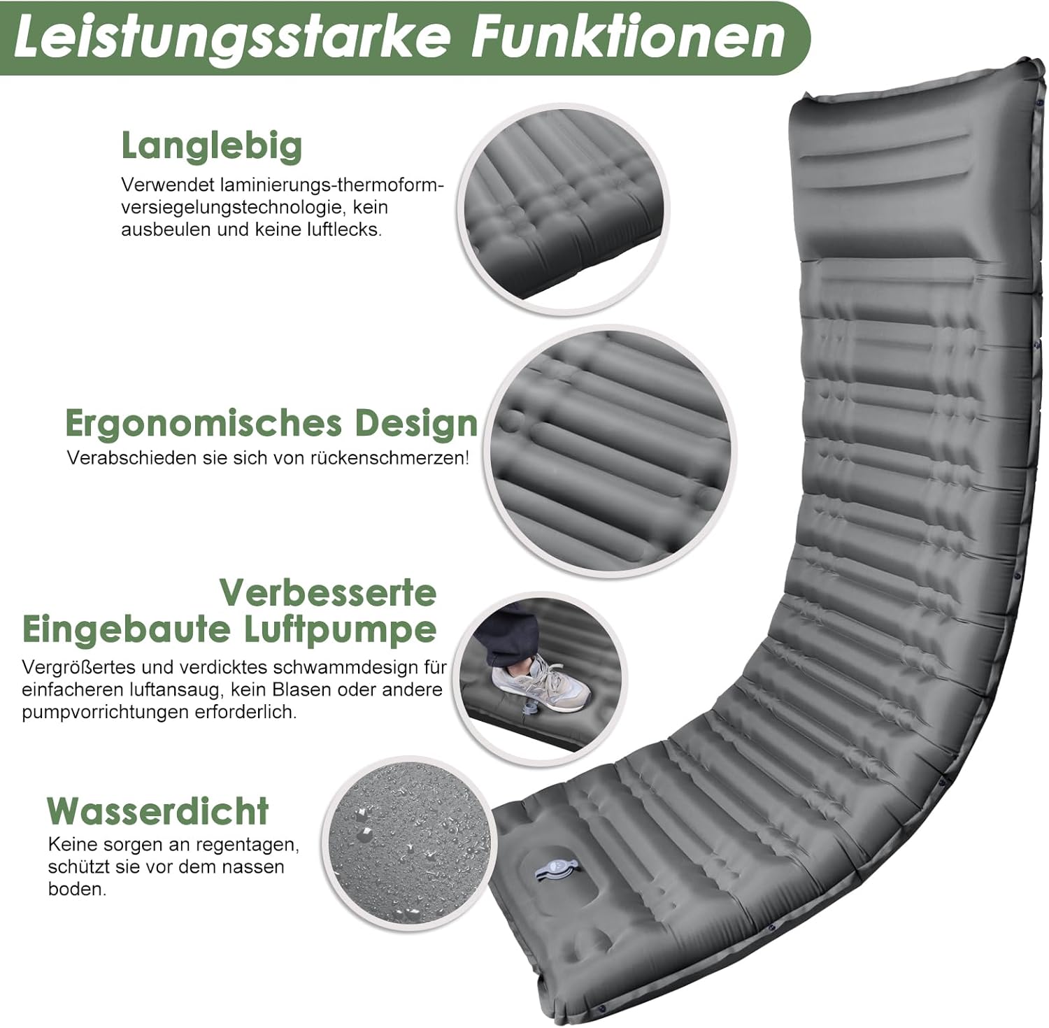Thumbnail 5 de Arlierss Isomatte 12 cm Luftmatratze fürs Camping – mit Fußpresse, Pumpe und Kissen