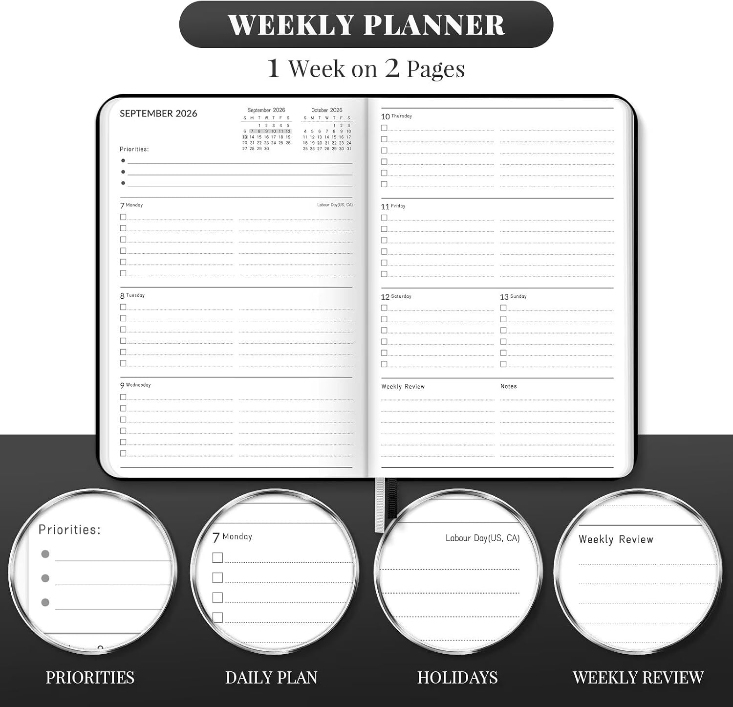 Detalle 2 de Lonely Oak 2026-2027 A5 Academic Planner, Black Faux-Leather Cover