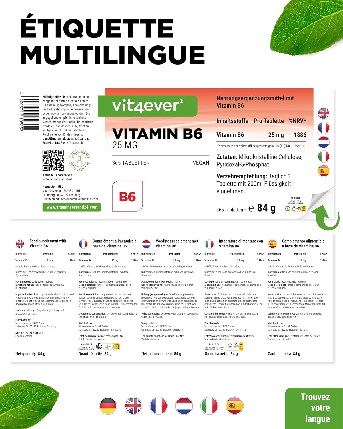 Detalle 2 de vit4ever Vitamine B6 P-5-P (Pyridoxal-5-Phosphate) 25 mg – 365 comprimés, vegan