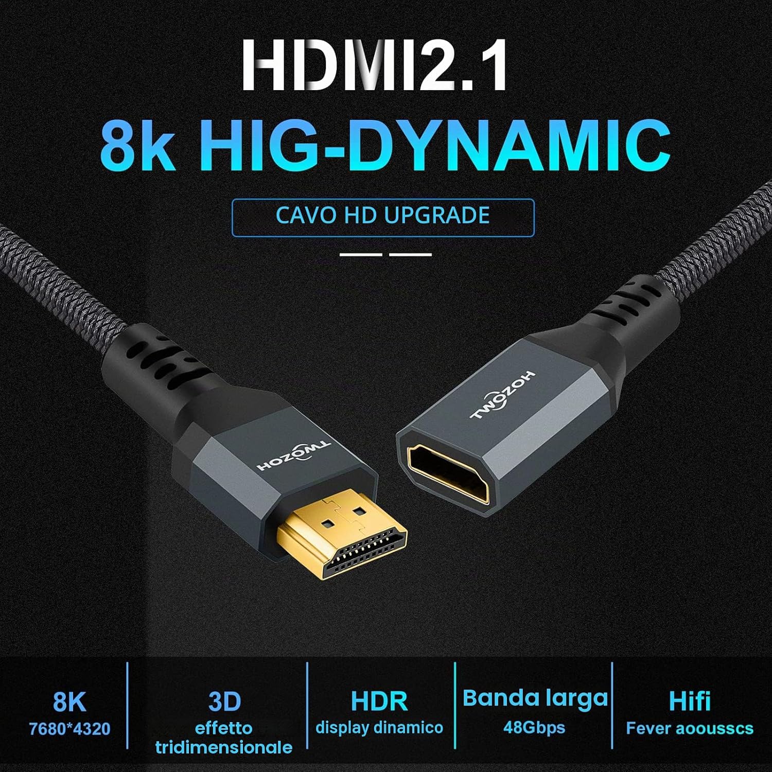 Detalle 2 de Twozoh HDMI Extension Cable 8K/4K 2.1 0,3 m – Prolunga robusta, 48 Gbps, nylon intrecciato