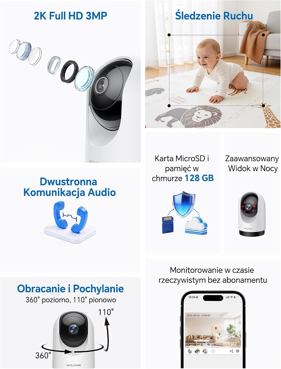 Detalle 2 de WOLFANG WS03 – kamera wewnętrzna 2K 3 MP, obrót 360° i noktowizja