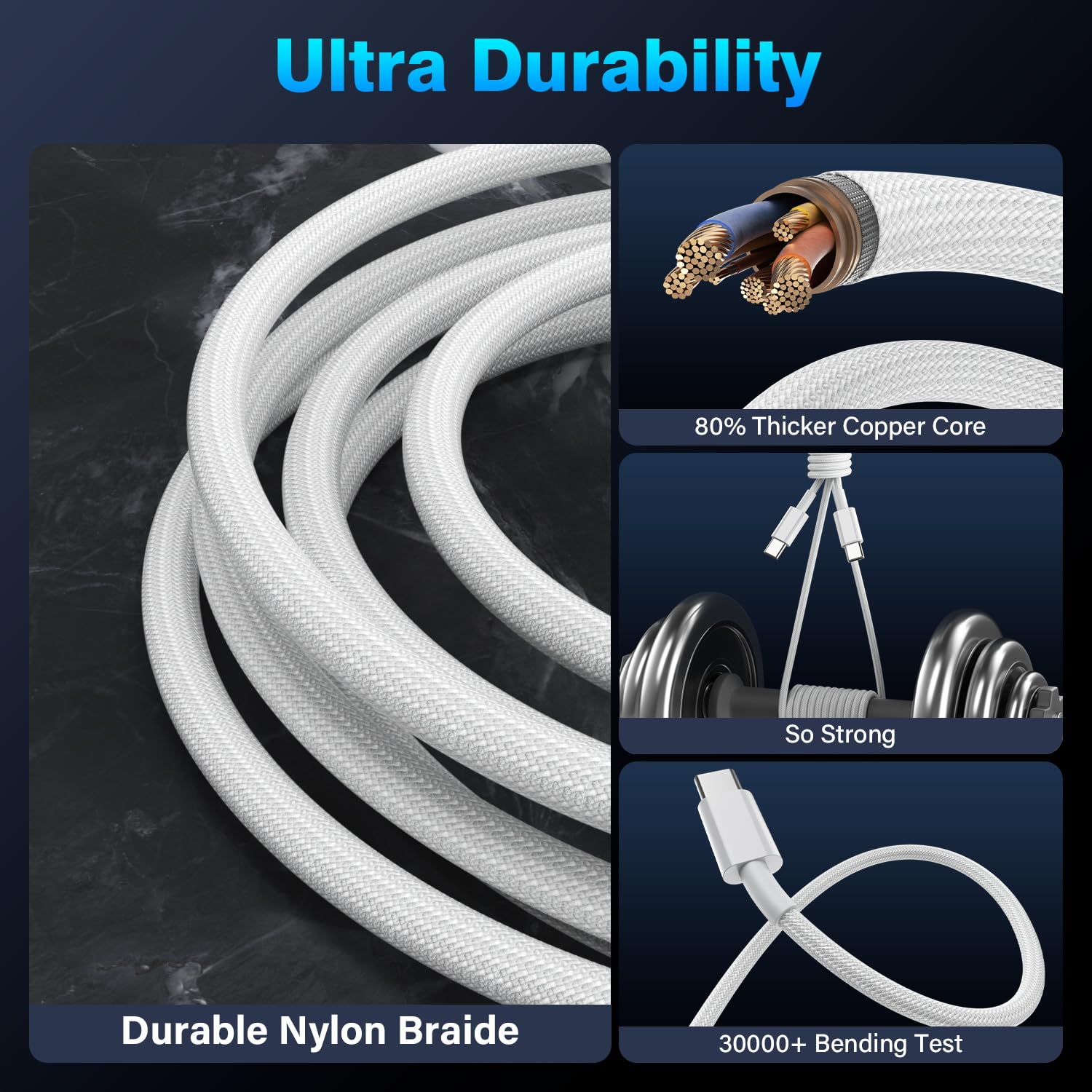 Detalle de Fikeloy USB-C to USB-C Charger Cable (2m, 60W) – Fast Charging Type-C Lead (2 Pack)