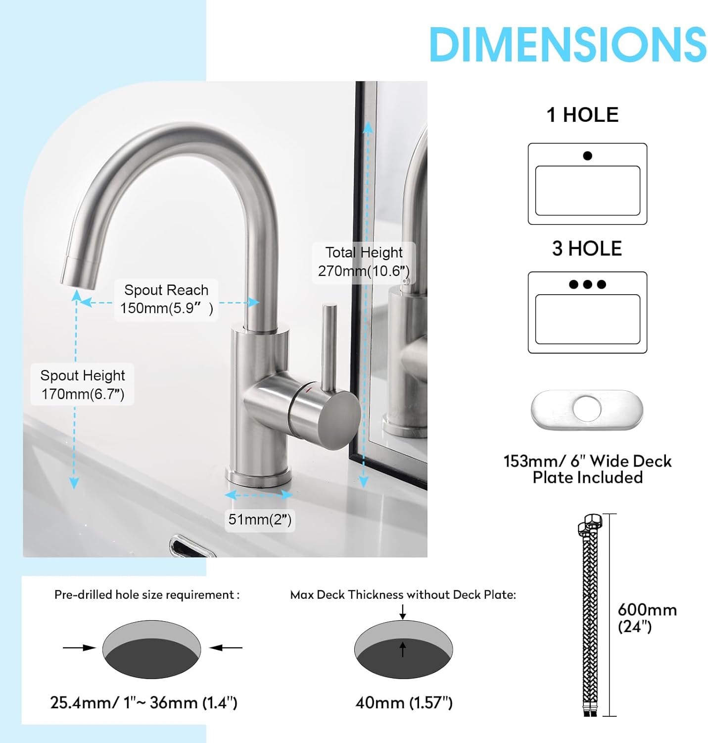 Thumbnail 6 de CREA Bar Sink Faucet: Brushed Nickel, 304 Stainless, Single Hole/3-Hole Mount, 360° Swivel