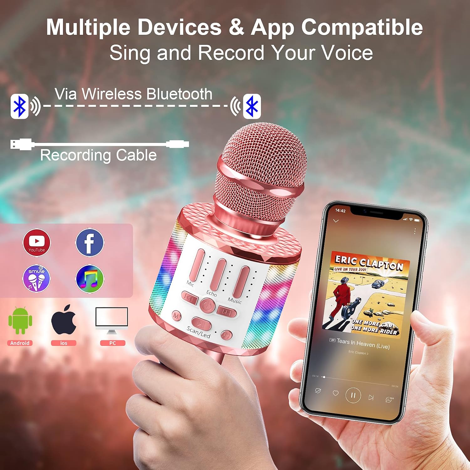 Detalle de Karaoke Mikrofon mit LED – Bluetooth Mikrofon mit Lautsprecher, tragbares KTV-System für Kinder und Familie