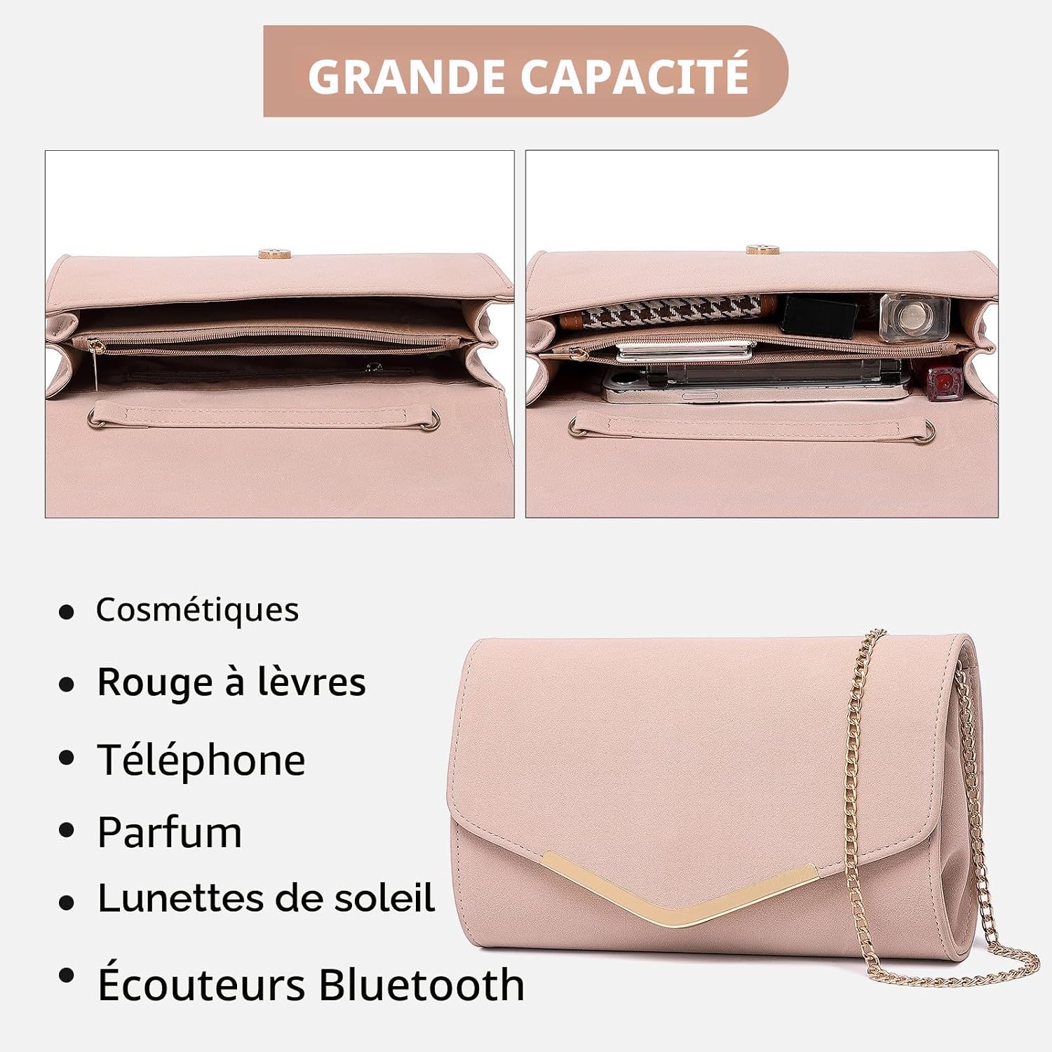 Detalle 1 de Miss Lulu Pochette Femme en Daim avec Chaîne – Mini sac élégant pour soirées et cérémonies