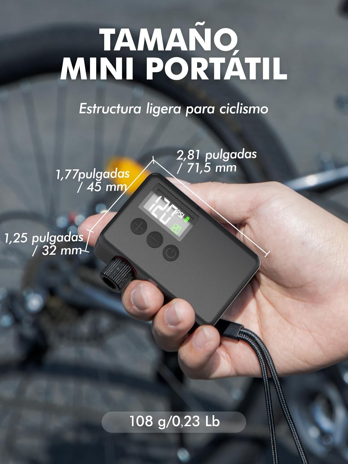 Detalle 2 de GPUTEK Bomba Eléctrica para Bicicletas 🚲, Alta Presión 120 PSI