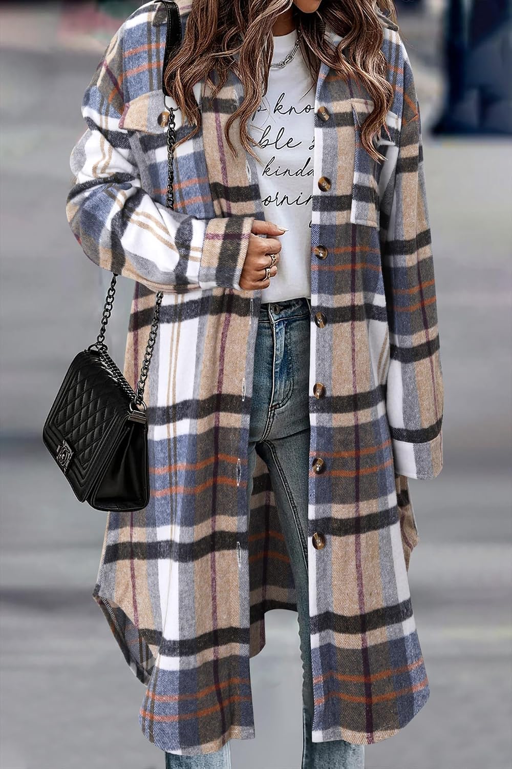 Detalle 2 de onlypuff Women's Plaid Long Shacket, Flannel Jacket with Lapel and Button-Down Front