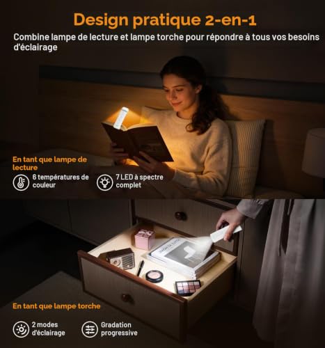 Detalle 2 de Gritin 2026 Gén.2 Lampe de Lecture Rechargeable, 2 en 1 – éclairage doux et torche intégrée