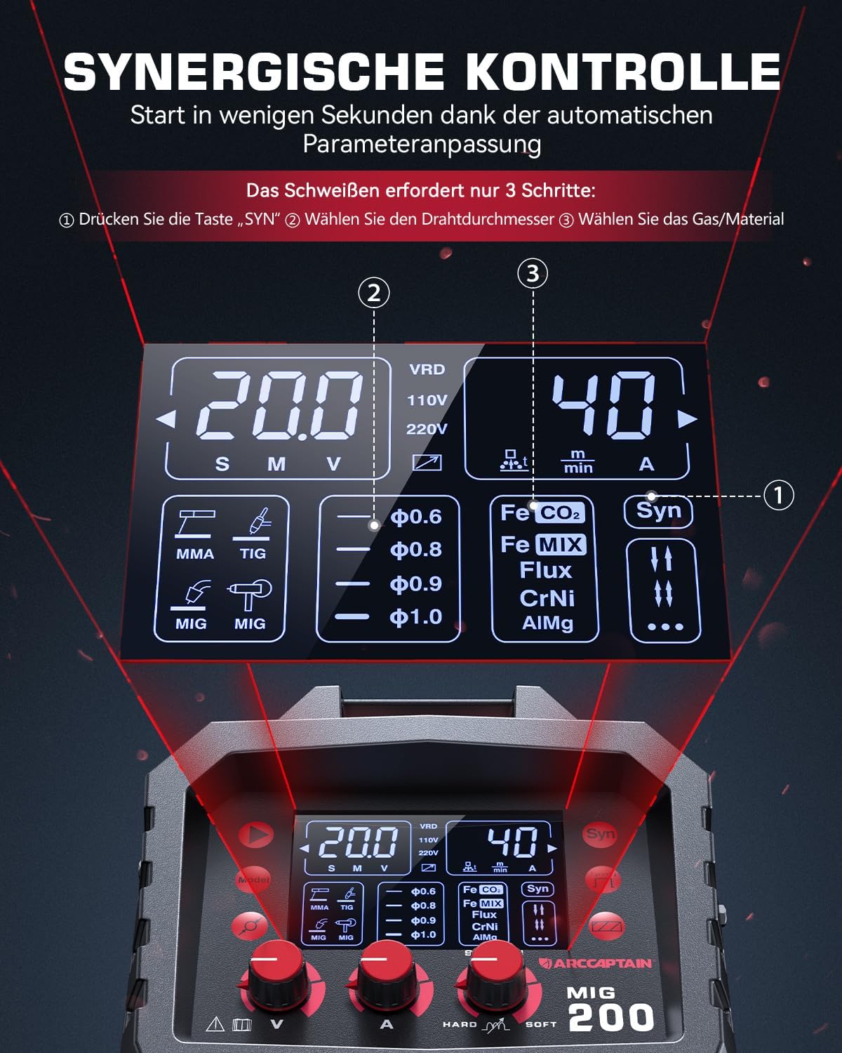 Detalle de ARCCAPTAIN MIG MAG Schweißgerät 200 A 7‑in‑1 (IGBT Inverter, 230 V) für MIG/MAG, Fülldraht, MMA, Lift TIG, Spool Gun und Punktschweißen
