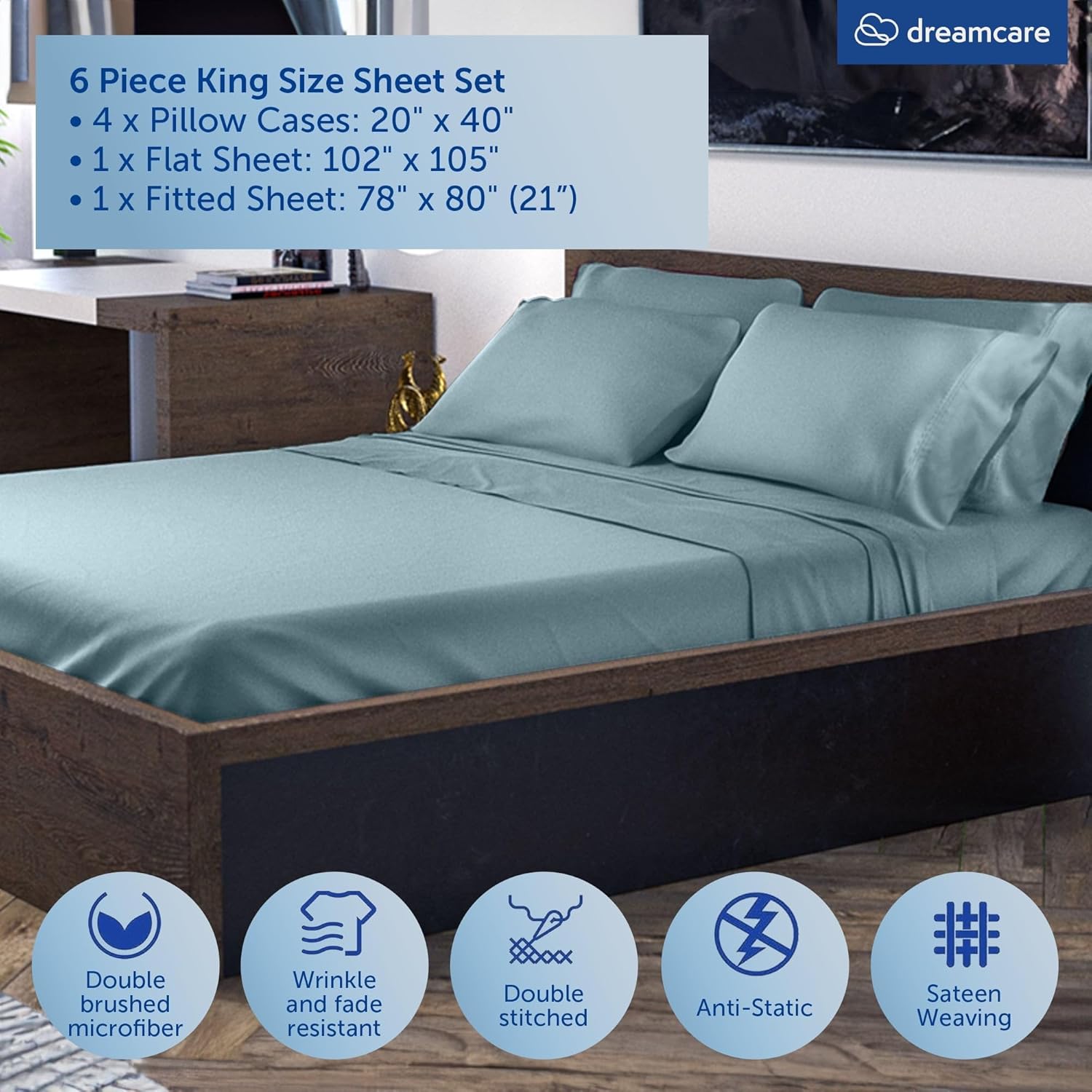 Thumbnail 2 de DREAMCARE King Size Sheets Set - 6 pcs with Extra Deep Pockets and Side Pockets