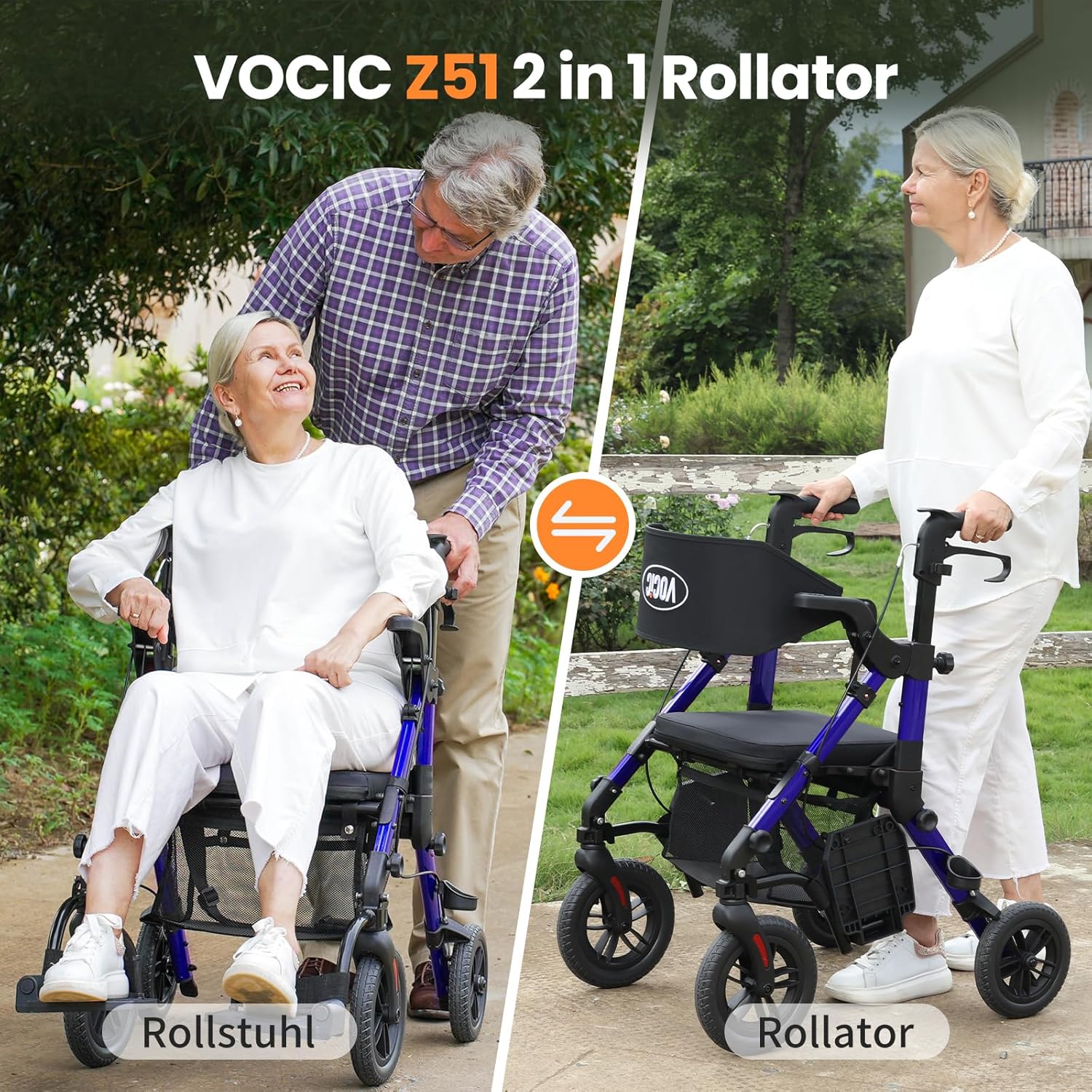 Detalle de VOCIC 2 in 1 Rollstuhl Rollator – faltbar, leicht und outdoor-fähig mit Sitz, Aluminium, Blau