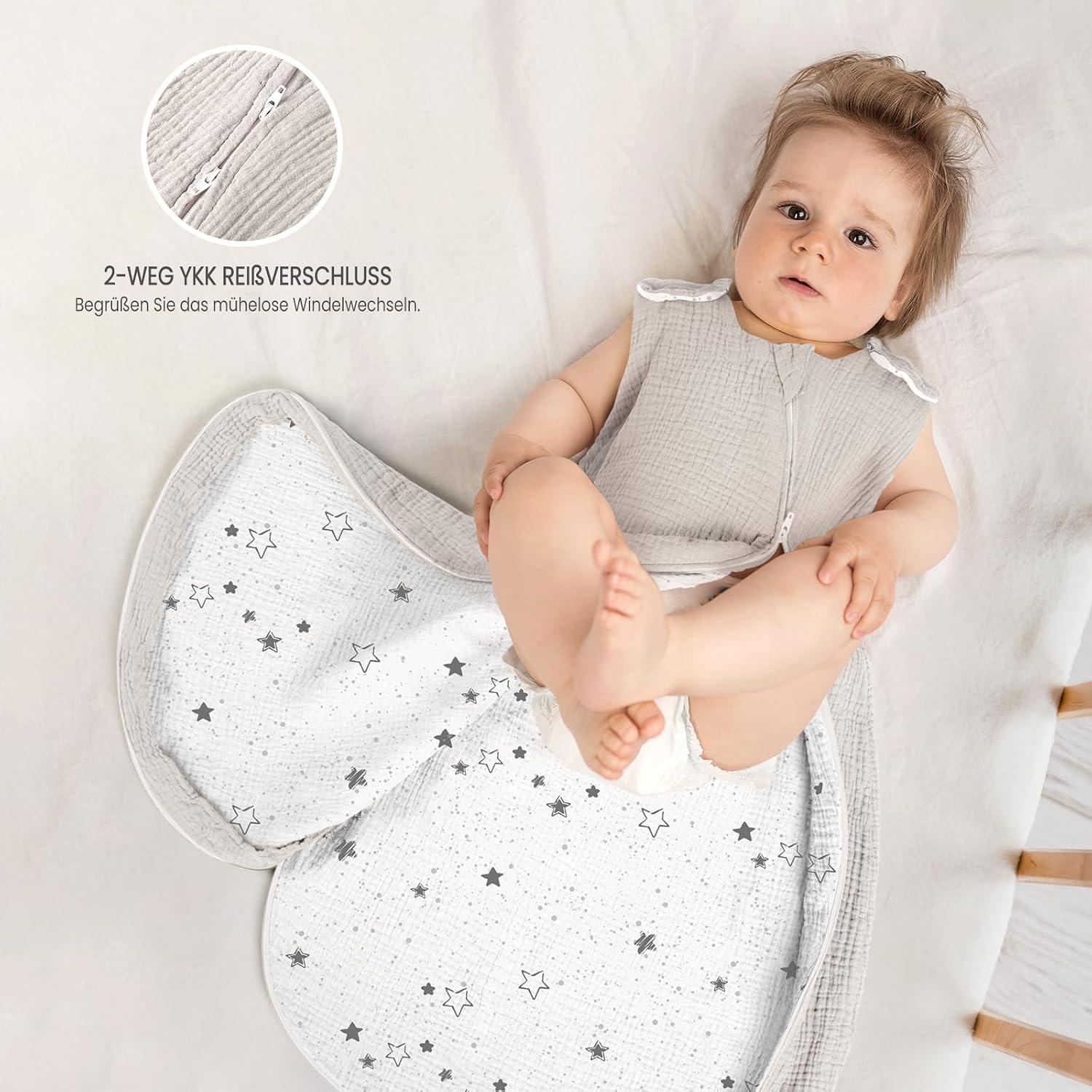 Detalle de lulumoon Baby Schlafsack aus Musselin – Ganzjährig, 80–90 cm, 15–24 Monate