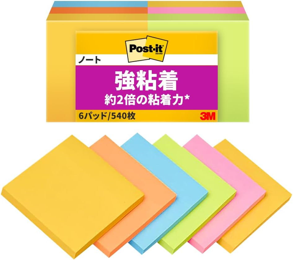 Detalle de 3M 650-6SSAN-AM ポスト・イット 強粘着付箋 50×50mm ネオンカラー 90枚×6パッド