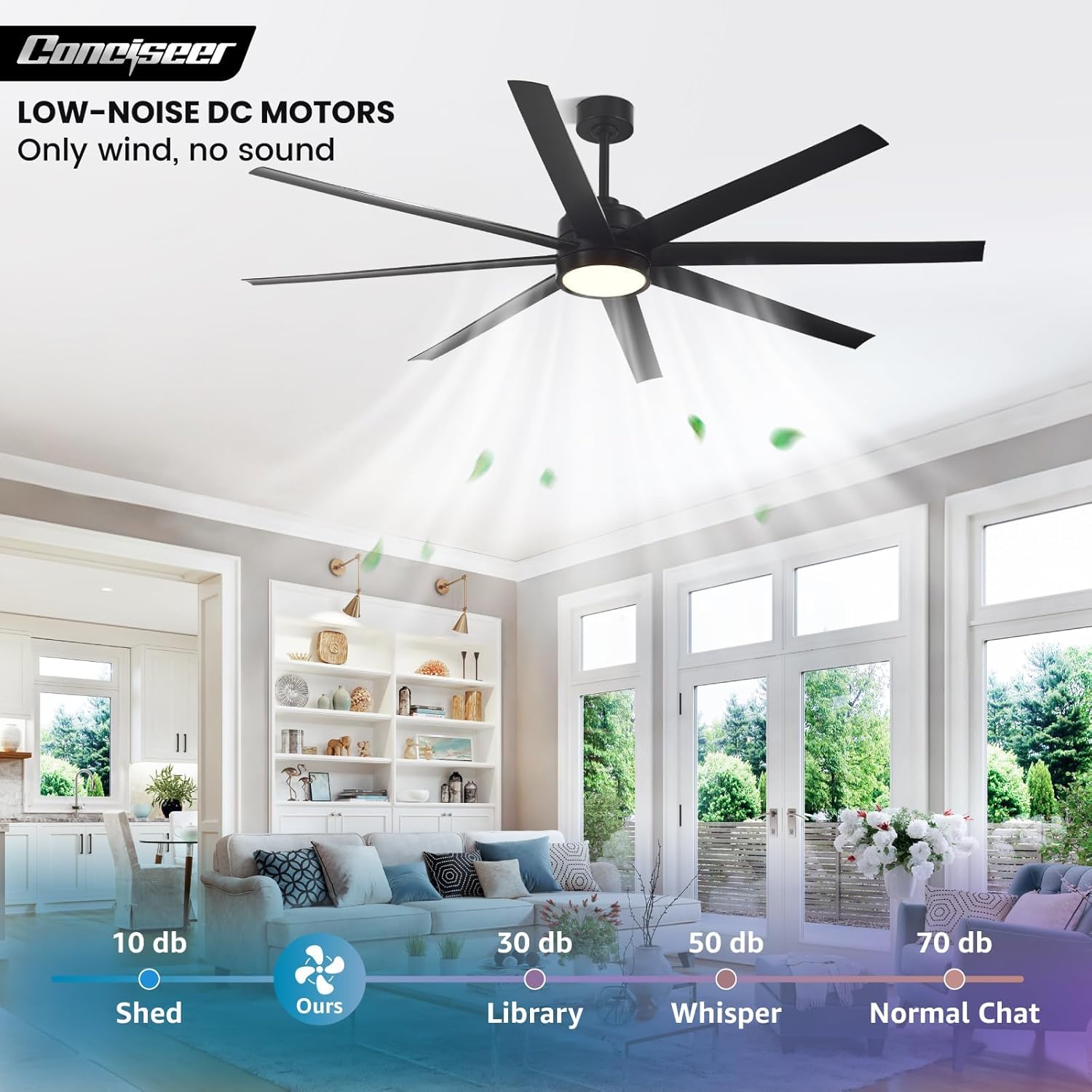 Thumbnail 1 de Conciseer 72-Inch Modern Ceiling Fan with Lights, Remote & 6-Speed Reversible Quiet DC Motor (Black)