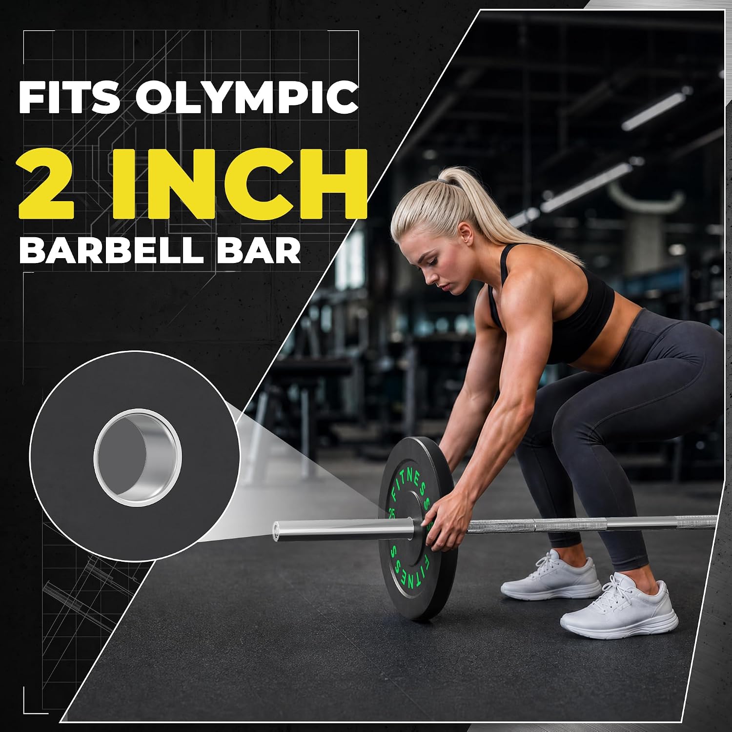 Detalle 2 de HULKFIT HFCLR100SETBAR Olympic Bumper Plate Set with 7ft Bar, 100–390 lb