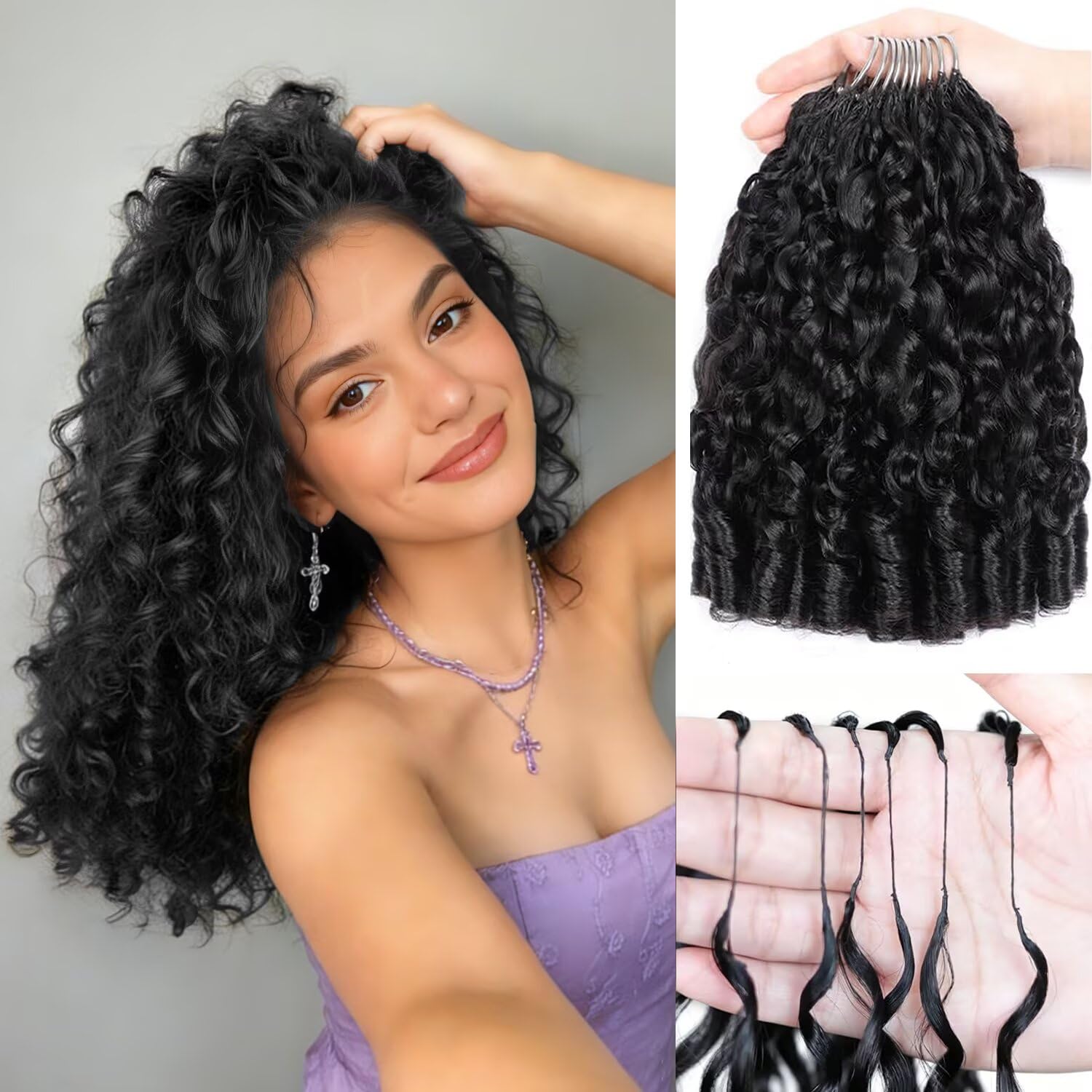 Thumbnail 6 de Burmese Curly Crochet Human Hair for Black Women, 18 Inch, 125g, 100 Strands Pre-Separated Feather Crochet Hair (Natural Black)
